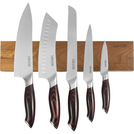 Set Couteau Cuisine avec Porte-couteaux Magnétique, 6 PCS, Lame en Acier Inox à Haute Teneur et Manche Ergonomique en Bois de Finition Noyer, Bloc à Couteaux de Support Aimanté Puissant Mural (1/5)