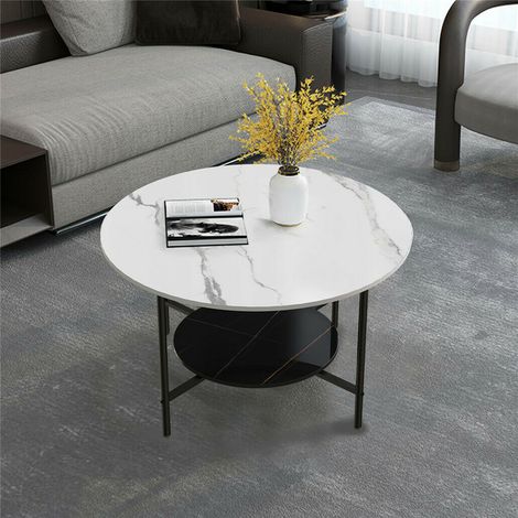 Round Side Accent Coffee Table with 2-tier Storage Shelf Display Living Room