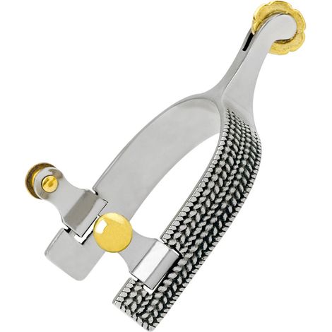 Speroni western da roping in acciaio inox con decori stampati e rotelle a petalo
