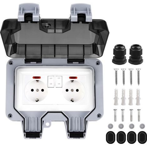 Prise extérieure IP66 étanche, double prise extérieure avec interrupteur, prise de jardin en saillie avec contact de mise à la terre pour pièce humide jardin extérieur, 2 prises avec couvercle (1/5)