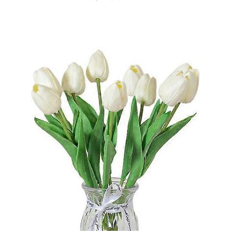 Lot de 10 fleurs artificielles avec tige, réalistes, pour mariage, maison ou bureau, centre de table, tulipes, fausses branches, composition florale.crème (1/5)