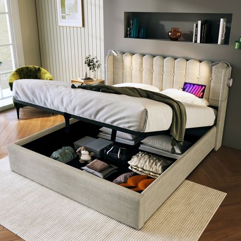 Polsterbett 160x200 mit Stauraum und Lattenrost, Doppelbett mit USB-Ladefunktion und Leselicht, Bettgestell aus Leinenstoff Natürlich (1/5)