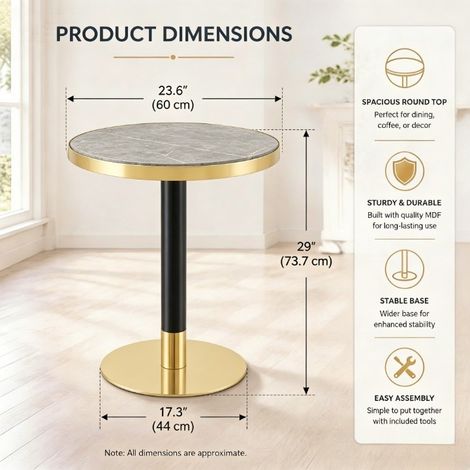 Table d'appoint ronde effet marbre, bord doré, piètement noir ou doré, parfaite comme table basse ou table de nuit, plateau élégant et résistant (1/5)