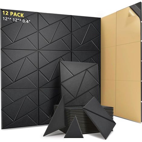 Lot de 12 panneaux acoustiques auto-adhésifs, rembourrage insonorisant en polyester, panneaux muraux insonorisants haute densité, 30 x 30 x 1 cm, noir (1/5)