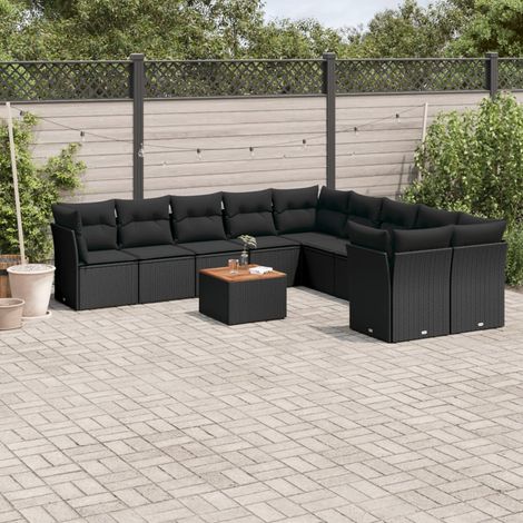 11-tlg. Garten-Sofagarnitur mit Kissen Schwarz Poly Rattan (1/3)