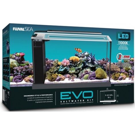 Kit d'aquarium marin Fluval Evo 19L – Éclairage LED adapté aux récifs – Filtration 3 étages – Compact pour petits espaces