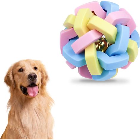 Pallina in gomma specifica per cani, 8,5 cm, colorata, interattiva, in gomma intrecciata con campanellino, resistente ai morsi, per la pulizia dei denti (colorata).