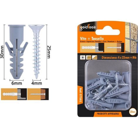 Kaela - Set 20 Pz Viti Vite Croce 4x25mm + Tasselli Con Alette Tassello M6 Fischer 57561 - (1/2)