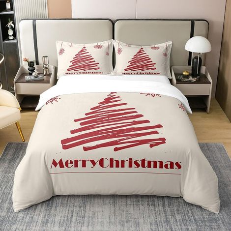 Joyeux Noël Housse de Couette 100% Coton 200x200cm cerf de Noël Parure de lit Enfants Flocon de Neige imprimé Literie Set Adolescent décoration Nouvel an Rouge Beige Ensemble literie - 200 x 200 cm + (1/5)
