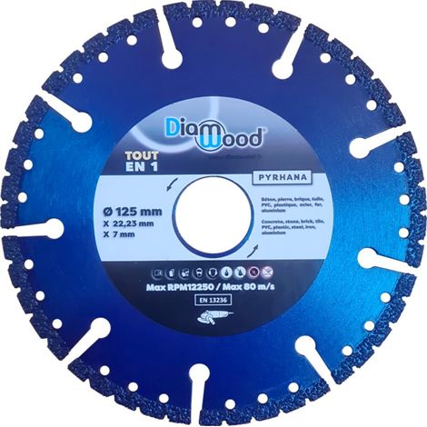 Diamwood – Disque diamant multiusage 125 mm – Alésage 22,23 mm – Épaisseur 1,4 mm – Pour béton, métal, bois, PVC – Coupe à sec, corps ventilé