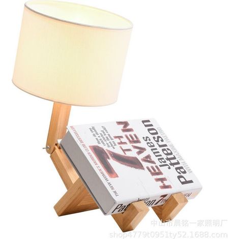 Lampe de Chevet Robot,Lampes de Table Créatives avec Base Bois Ajustable,Salon Lampe de Bureau Moderne E27 avec Abat-jour Tissu,Lampes Décorative Bricolage pour Chambre et Chambre D'enfant [Classe éne