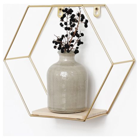 Etagère murale hexagonale en métal avec 1 tablette en bois - 25x28,5 cm - Or