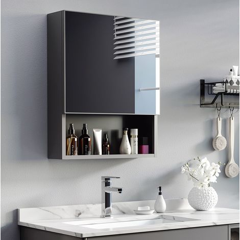 Mueble de baño con espejo mural de acero inoxidable, 46 x 13,5 x 58 cm, negro DESVIAE (1/5)