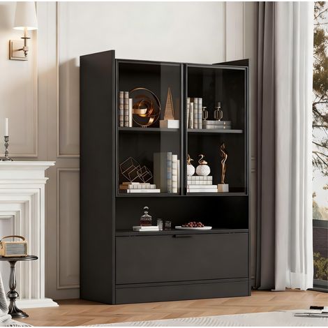 Vitrina LED 120x80x35 cm para salón, puertas de vidrio templado, almacenamiento inferior abatible, negro mate (1/5)