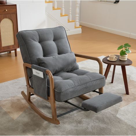 Poltrona a dondolo 70x80x92 cm grigia in velluto a coste con poggiapiedi estraibile, schienale regolabile e tasca laterale (1/5)
