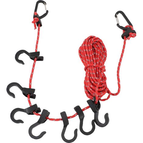 Corde à linge portable de voyage, réglable en longueur (5 m), résistante au vent, avec crochets, idéale pour le camping et les activités de plein air. Couleur rouge réfléchissante. (1/5)