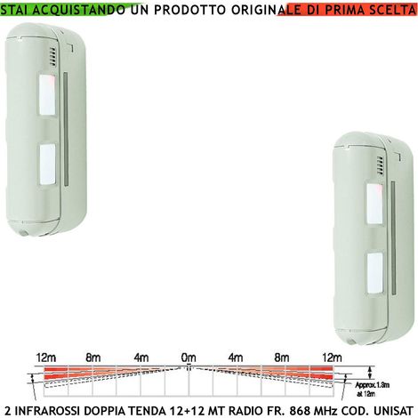 Rilevatore di Movimento 2 Pezzi Doppio Sensore Infrarosso a Tenda da Esterno 12+12 Metri Lineari IP55 Frequenza 868 MHz Bidirezionale Codice UNISAT Protezione Ponteggi Pareti Porticati Anti Jamming (1/4)