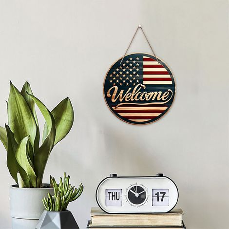 Décoration Murale En Bois - Panneau D'accueil Pour Porte Ou Jardin - Thème Quatrième Juillet - Dimensions 15 x 10 cm - Couleur Bleu - 1 Pièce (1/5)