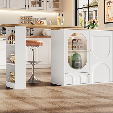 Tavolo bar girevole in MDF e metallo bianco 138x39x105 cm, estensibile a 204 cm con contenitore (1/5)