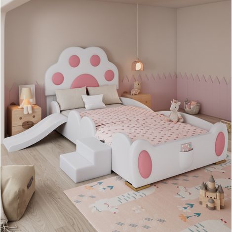 Lit enfant 90/200 cm blanc et rose en similicuir avec toboggan et échelle (1/5)
