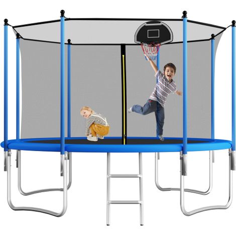 12FT Outdoor Trampoline with Safety Net and Basketball Hoop for Toddlers and Adults, Supports Up to 150kg, Includes Ladder