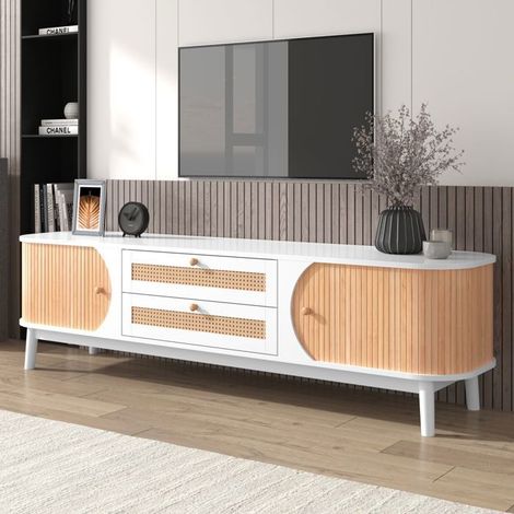 Meuble TV - SOGEU - Moderne - Aspect bois naturel - Côtés en rotin - 2 portes & 2 tiroirs (1/5)