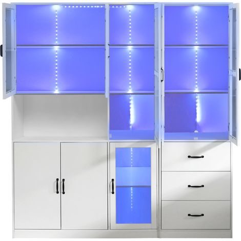 Vitrine combinée blanche LED en aggloméré et verre 180 x 40 x 200 cm, 8 portes, 3 tiroirs (1/5)