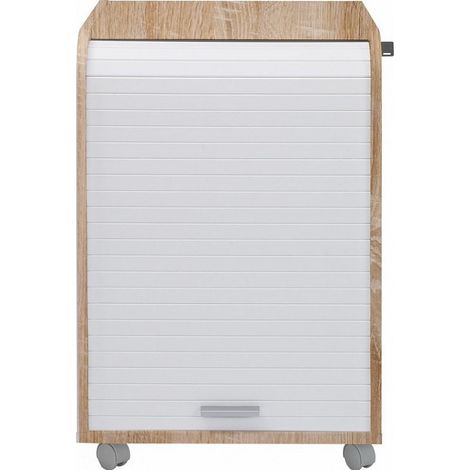 Caisson à rideau sur roulettes 2 tiroirs bois clair et blanc Orga 70cm (1/4)