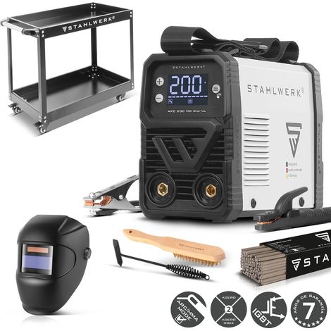 STAHLWERK Soldadora de electrodos ARC 200 MD Digital – Equipo completo con carro – Posibilidad de MMA/Electrodo & Lift-TIG (DC) hasta 200 A, uso flexible sin gas, ARC-Force, Hotstart, Anti-Stick