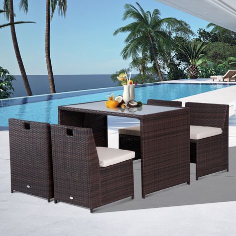 Ensemble jardin polyrattan 5 pièces : mobilier imperméable pour 4 personnes - table - salon et repas - 4 chaises - coussins - marron+kaki