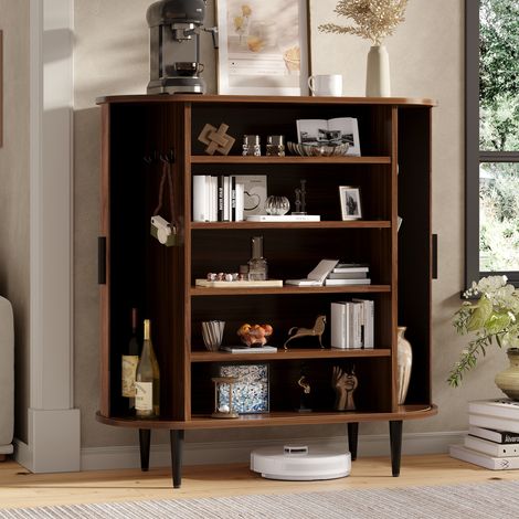 Buffet avec 2 portes coulissantes, portes à enroulement et 4 crochets – Meuble de rangement moderne offrant un grand espace de rangement pour le salon et l'entrée, aspect bois, 85 x 40 x 93 cm (1/5)