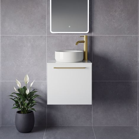 Napoli 390 Gloss White 500mm Wall Mounted Single Drawer Vanity Unit for Countertop Basins - 500mm - Brushed Brass 320mm Handle