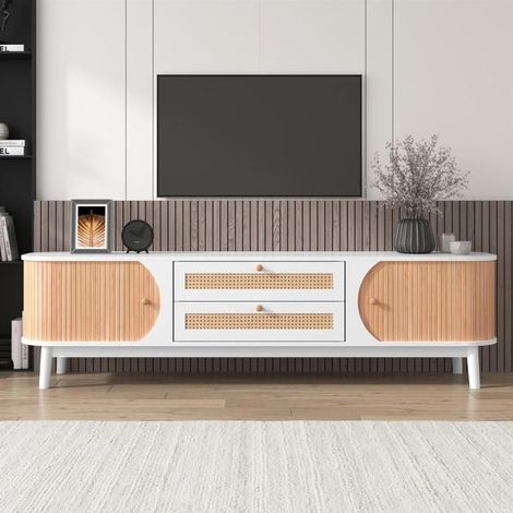 Meuble TV - Maison de campagne - Blanc - Bois naturel - Portes et tiroirs en rotin - 170x46x39.5 cm