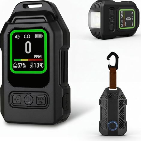 Détecteur de monoxyde de carbone portable, lampe de poche haute puissance, moniteur de température et d'humidité, batterie ultra longue durée (noir) (1/5)