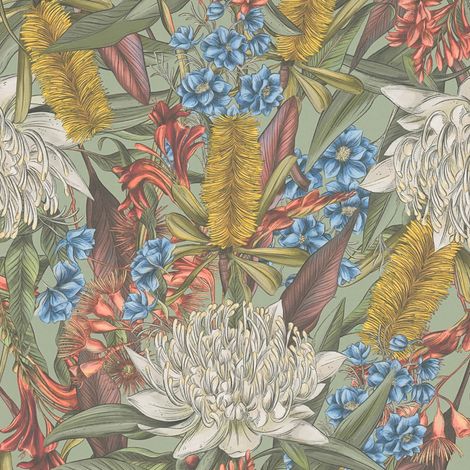 Blumen Tapete Profhome 394281 heißgeprägte Vliestapete leicht strukturiert mit floralen Ornamenten matt grün gelb blau rot 5,33 m2