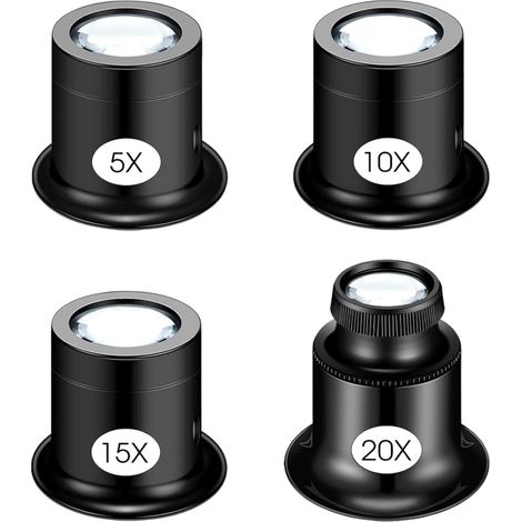 Lot de 4 loupes de bijoutier, loupe d'horloger, loupe pour bijoux, pièces de monnaie, pierres, timbres (5X 10X 15X 20X) (1/5)