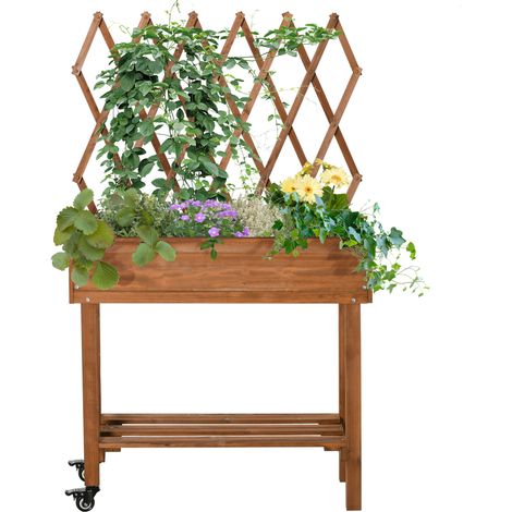 Potager surélevé bois massif avec treillis, étagère et roulettes marron 79 x 29 x 130 cm