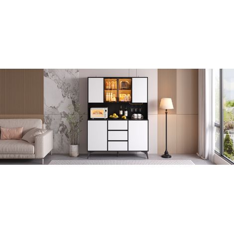 Buffet noir et blanc en MDF avec vitrine LED réglable par appli, porte-verres doré et 3 tiroirs pour salle à manger et salon (1/5)