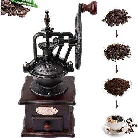 Moulin à café manuel classique RetroWood - Mécanisme de broyage en céramique réglable - Design en bois et fonte - Pour la maison et le bureau - 1 pièce - Brun naturel (1/5)