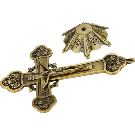 Croix décorative en métal de style vintage avec socle, idéale pour décorer un bureau ou une étagère, couleur bronze, cadeau catholique. (1/5)