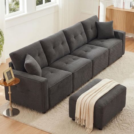 Canapé 4 places droit en velours côtelé gris 280xD146xH85cm, espace de rangement sous les sièges, fourni avec un tabouret indépendant (1/5)