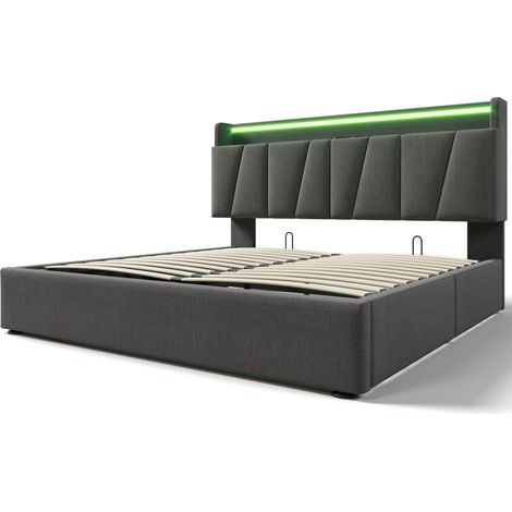 Lit double rembourré avec fonction de charge USB,tête de lit de rangement et éclairage LED,cadre de lit double 140x200cm avec rangement,sommier à lattes en bois,gris (sans matelas) (1/5)