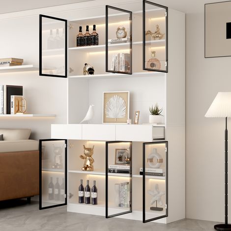 MODFU – Vitrina alta LED 120x200 cm de aglomerado con 6 puertas de vidrio, 3 cajones, espacio de oficina y app – Blanco/negro (1/5)