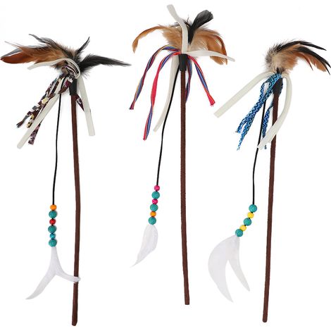 Jouet Interactif Chat - Lot de 3 Canne à Plumes en Peluche Douce et Antidérapante, 42cm, Marron/Rouge/Bleu, pour Jeu et Dressage (1/5)