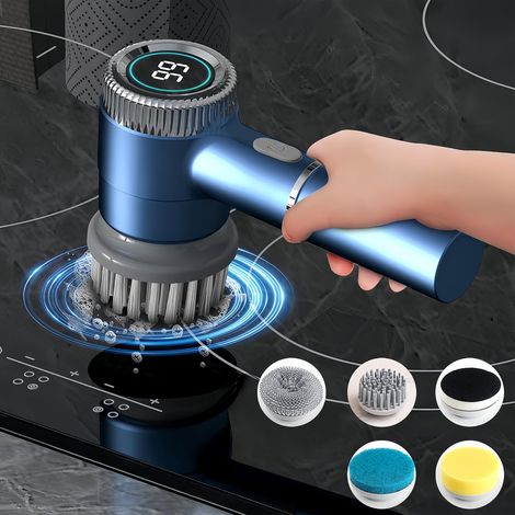 1 Brosse électrique de nettoyage, 5 têtes interchangeables, rotation 360°, pour vaisselle, chaussures, sols cuisine et salle de bain (1/5)