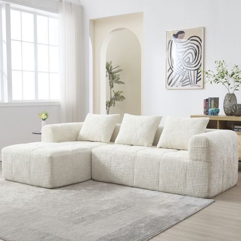 Modulares 3-Sitzer Sofa mit Chaiselongue 250x158x60cm aus beiger Chenille, abnehmbare Kissenbezüge (1/5)