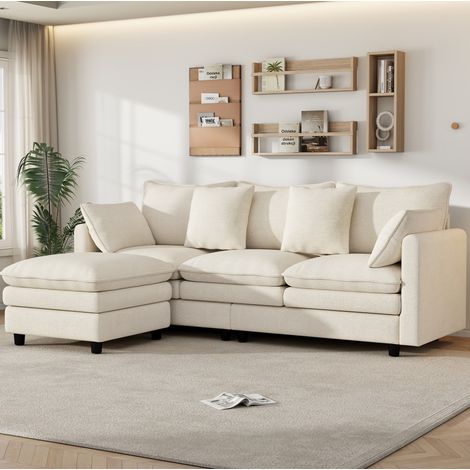 Divano angolare 212 x 150 x 90 cm, 3 posti con chaise longue modulare, 4 cuscini, tessuto ciniglia - beige