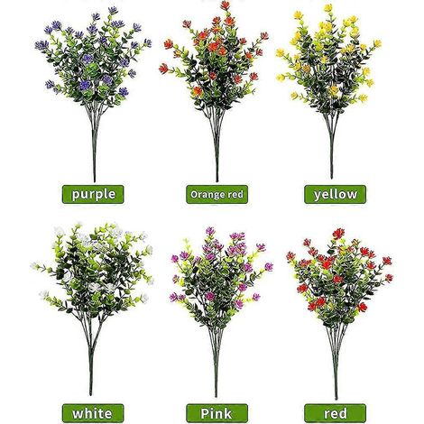 Lot de 12 bouquets de fleurs artificielles. 6 couleurs. Fleurs en plastique protégées contre les UV. (1/3)