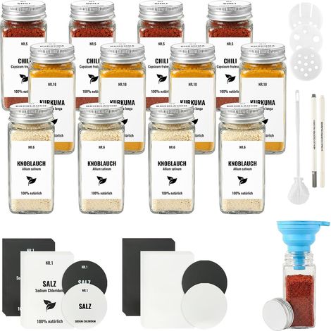 Set 12 Pots Épices Verre Carré 120ml - Couvercles Alu - Rangement Cuisine Organisé - Idéal Maison Camping - Argenté (1/5)