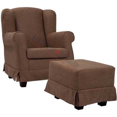 Poltrona imbottita in tessuto sfoderabile BERGERE MARRONE con pouf (1/5)